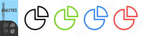 Pie chart icons in various colors and styles. Represents data, analysis, percentage breakdown. minimal infographic symbols for data visualization, analytics, business, finance, and statistics