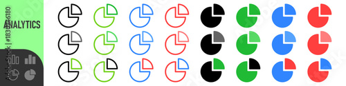 Pie chart icons in various colors and styles. Represents data, analysis, percentage breakdown. minimal infographic symbols for data visualization, analytics, business, finance, and statistics