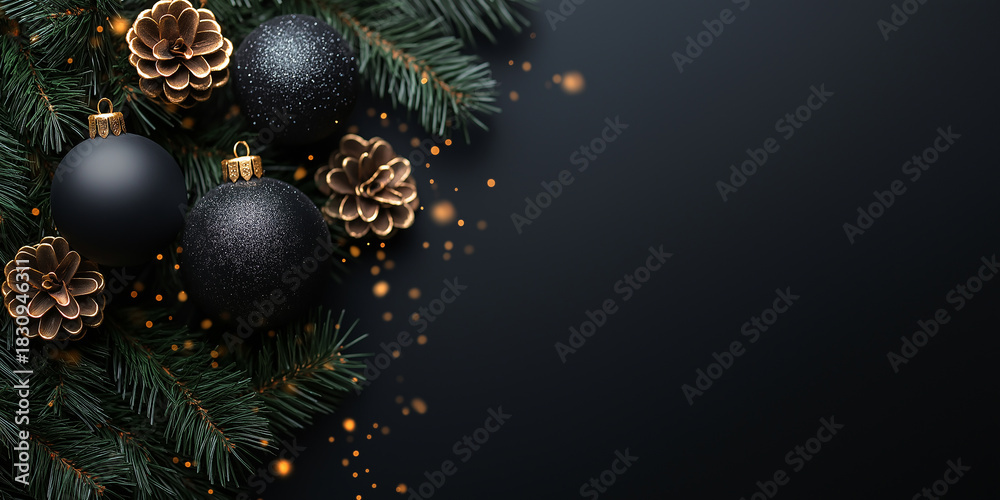 Naklejka premium Christmas black decoration and spruce tree on black background. Merry Christmas and Happy Holidays greeting card, frame, banner. New Year. Noel. Winter festive xmas theme.