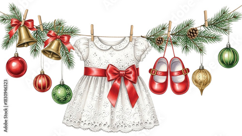 Watercolor Baby Christmas White Dress Clipart with Red Bow, Shoes and Holiday Ornaments on Pine Clothesline