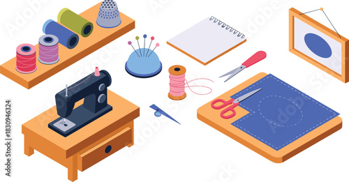 Isometric illustration of sewing workspace with machine, scissors, thread spools, fabric, pins, notebook and tailoring accessories for crafting projects