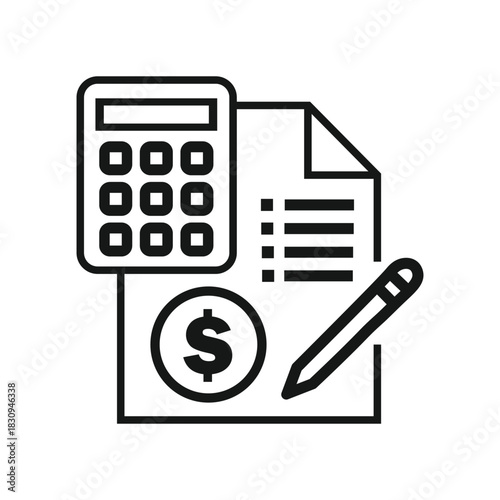 Black and white line icon representing financial calculation, accounting, budgeting, and money management with a calculator, document, dollar sign, and pencil