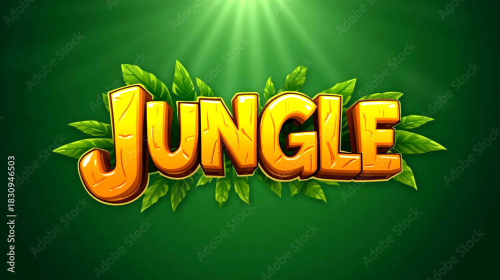 Obraz premium 3d jungle text logo design with green leaf decoration and sun ray