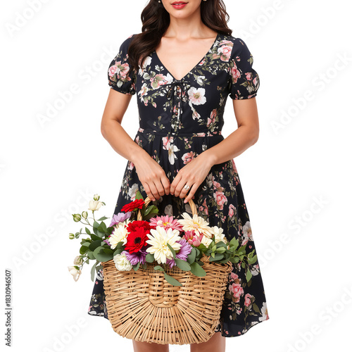 Woman in Floral Dress Holding a Wicker Basket Full of Flowers While Standing ...