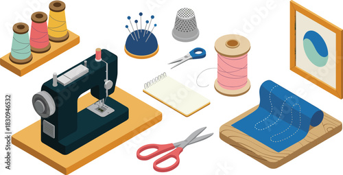 Isometric illustration of sewing workspace with machine, scissors, thread spools, fabric, pins, notebook and tailoring accessories for crafting projects