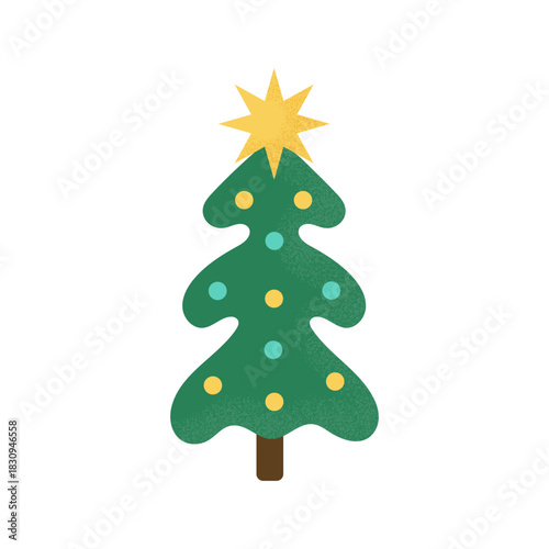 Christmas tree with star  and baubles isolated on white background. Minimalistic tree with grain texture. Merry Christmas and Happy New Year tree. Flat design. Vector illustration 