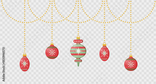 Frame with  Christmas tree ornaments isolated on transparent background. Vintage border for Christmas and NewYear.Red and green colours.Christmas tree decorations.Decorative frame Vector illustration.