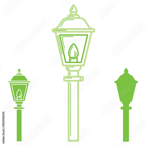 Vector Illustration of Three Green Street Lamps with Varying Designs and Heights Symbolizing Urban Lighting