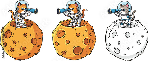Astronaut cats exploring space, cute felines on planets, cartoon space adventure animals watching stars with telescopes, cosmic illustration