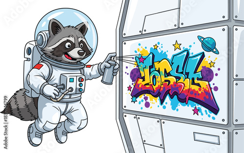 Astronaut raccoon spray painting colorful graffiti in space, cartoon cosmic art, playful space animal creating vibrant street artwork