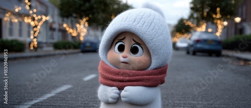 Fototapeta Naklejka Na Ścianę i Meble -  Cute animated character dressed warmly in a snowy street filled with lights during a cozy winter night