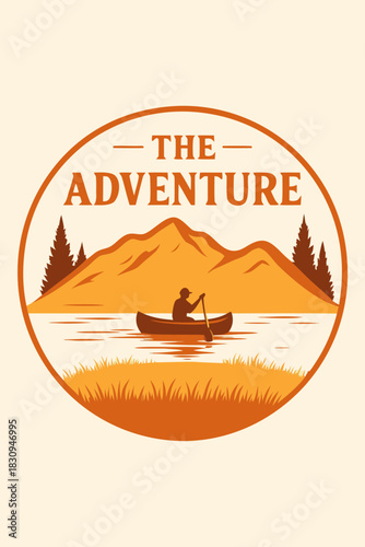 Stunning retro emblem design capturing the thrill of canoeing adventure in rugged mountain wilderness