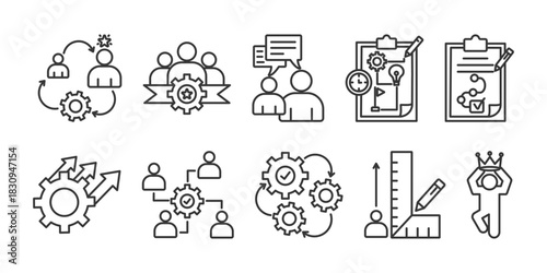 Change management icon set collection in outline style. Icon pack contain Change management, Transformation , Team, Communication,  strategy, plan, improve, engage, execute, mearsure, succes,