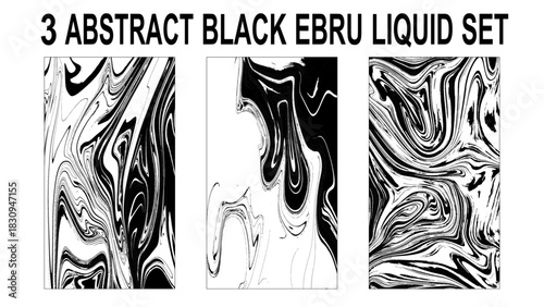 Black and white liquid set. Pack of handmade stone or rock texture with liquid paint ink. Ebru, Turkish marbling art. 