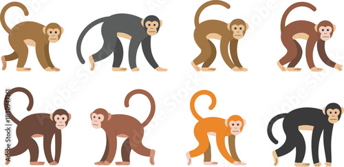 Set of eight cute monkey illustrations in various colors and poses, simple flat style animal graphics for zoo wildlife designs