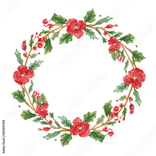 Bright Red Flowers and Green Leaves Create a Festive Wreath for Winter Celebr...