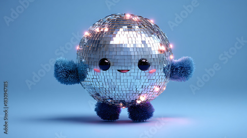 A joyful disco ball character with arms, legs, and twinkling lights smiling happily 