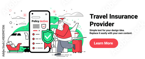 Santa travel insurance Christmas New Year 2026 concept Santa with suitcase airplane sleigh gifts insurance policy shield festive holiday travel banner