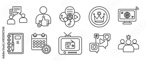  Public relations icon set collection in outline style. Icon pack contain Public relations, Communication, reputation,media relation, brand image,   internet, journal,  events, 