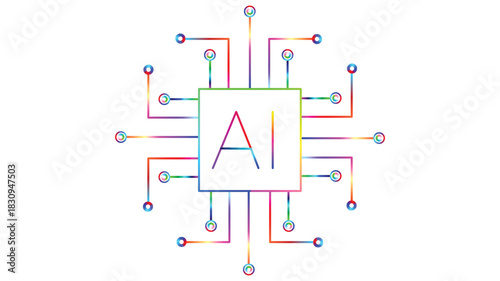 Futuristic AI chip circuit illustration, vibrant colors symbolizing innovation and technology, representing the power of artificial intelligence in modern design.
