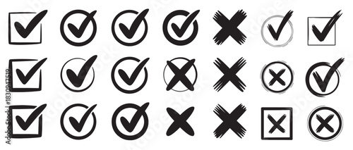 Hand drawn check mark and cross icons for lists and checkboxes