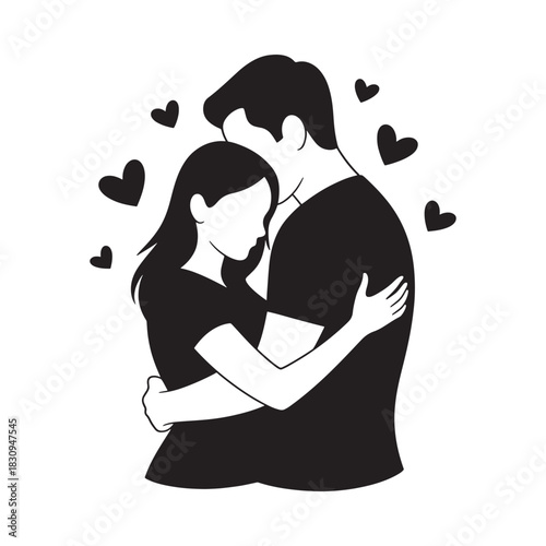 Couple embracing surrounded by hearts illustration