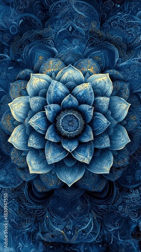 A detailed, digitally created blue floral mandala design with intricate patterns and a dark, moody aesthetic.