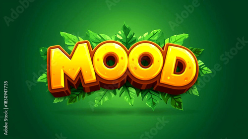 Stylized 3d text mood with orange glossy letter and green leaf decoration