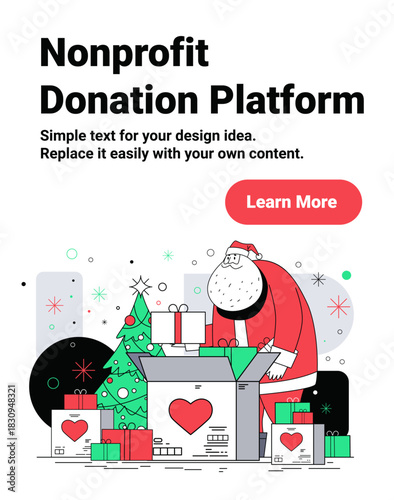 Santa nonprofit donation platform Christmas charity gifts boxes Christmas tree festive background holiday giving modern web banner