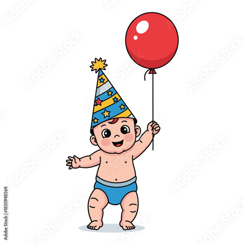 Cartoon baby celebrating with party hat and balloon expressing joy and innocence feeling happy