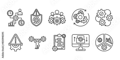 Business continuity  icon set collection in outline style. Icon pack contain Business continuity, Planning, recovery, management, ongoing operation, risk, resilience, procedures