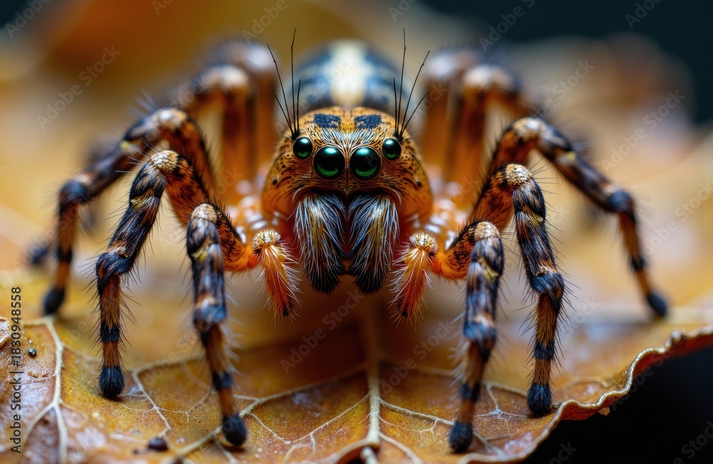 Fototapeta premium Jumping spider perched on autumn leaf showing detailed eyes and hairy legs