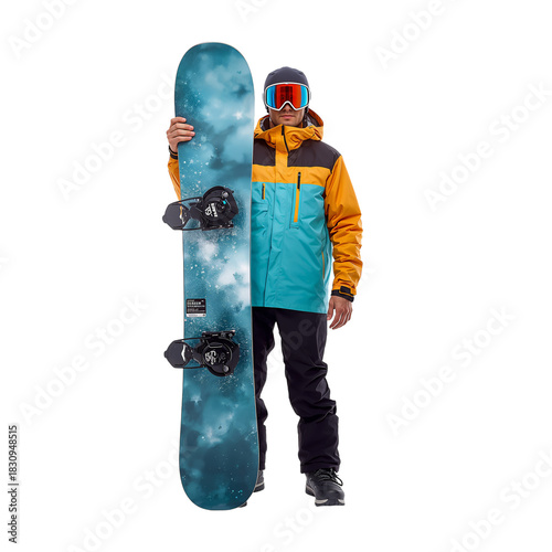 Snowboarder in Vibrant Winter Gear Poses With Snowboard on a Snowy Mountain S...