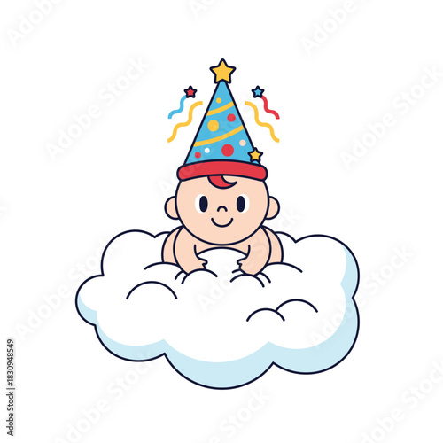 Adorable baby celebrating a joyful birthday on a fluffy cloud with a party hat