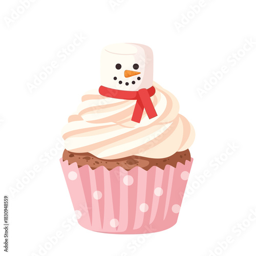 Festive snowman topped cupcake isolated against pure white background for winter holidays