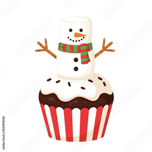 Festive dessert featuring a charming snowman made from marshmallows atop a cupcake