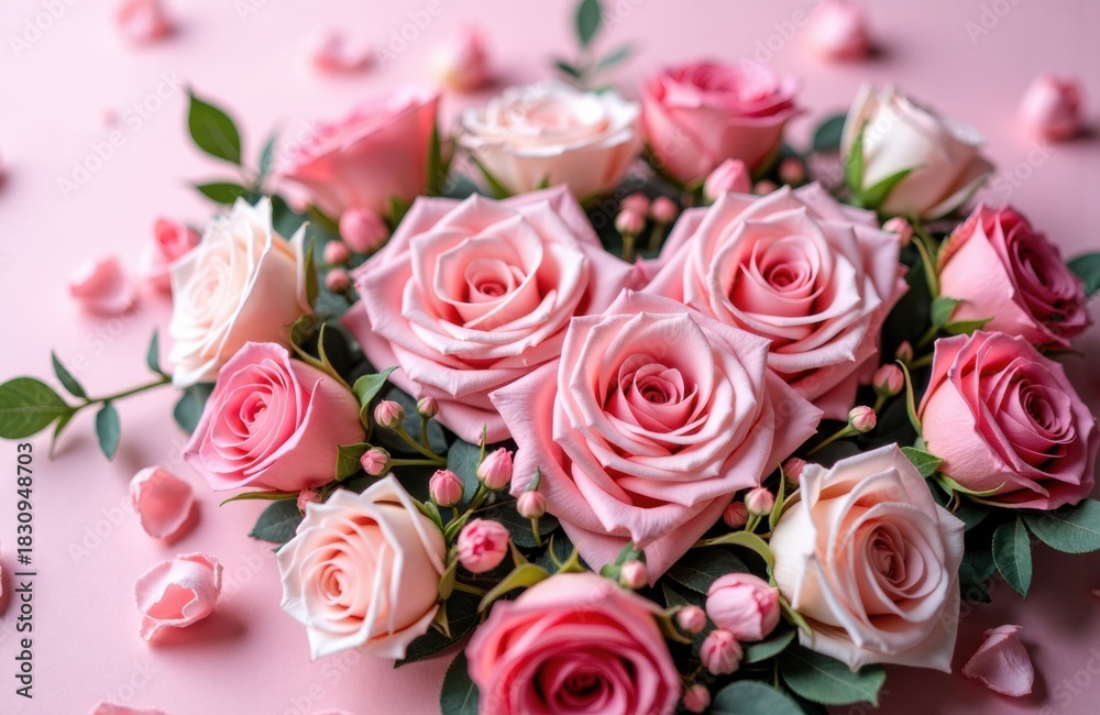 Fototapeta premium Pink roses arranged in romantic bouquet with scattered petals on pink background