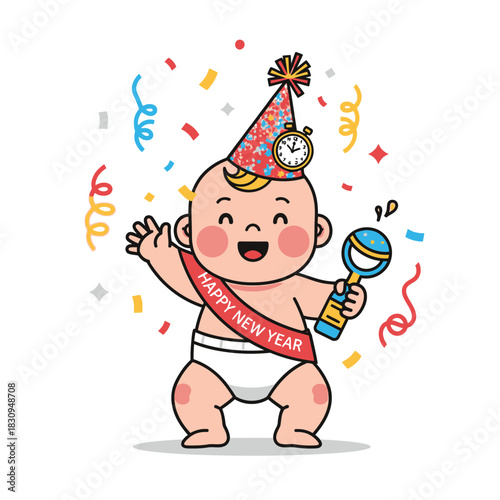 Festive baby celebrating new year with party hat rattle and confetti joyful celebration