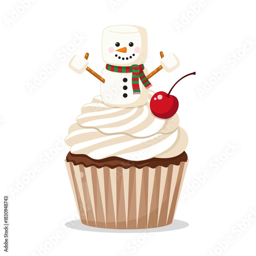 Festive confection: A whimsical cupcake adorned with a marshmallow snowman design