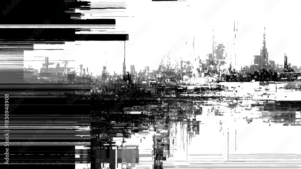 Fototapeta premium Abstract digital glitch city landscape with fragmented black and white forms Vector, illustration
