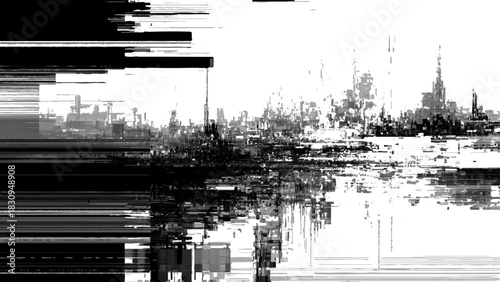 Abstract digital glitch city landscape with fragmented black and white forms Vector, illustration