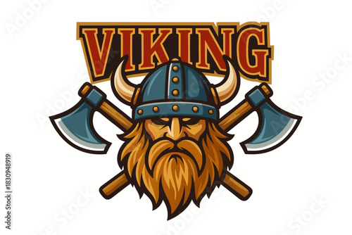 Intense viking warrior mascot logo with crossed axes for sports team branding and fearless gaming clan identity today now
