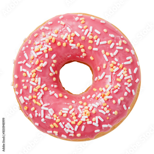 Delicious Pink Frosted Donut With Colorful Sprinkles on a White Background