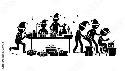 Santa’s workshop filled with elves making toys, wrapping gifts, and preparing magical items for Christmas Eve