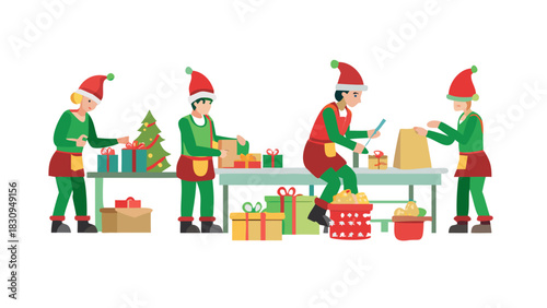 Santa’s workshop filled with elves making toys, wrapping gifts, and preparing magical items for Christmas Eve