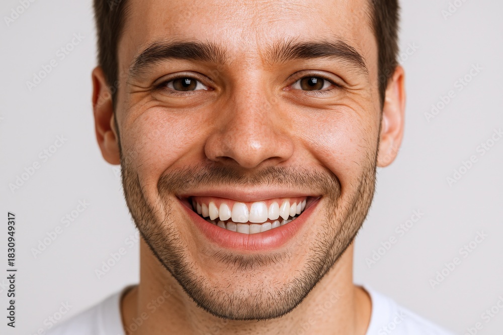 Fototapeta premium Close-Up Portrait of a Smiling Young Man with Perfect Teeth Against a Neutral Background