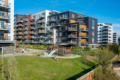Contemporary housing and architecture presented in a wide angle urban setting enriched by green areas throughout the loren district of Oslo, Norway’s modern development