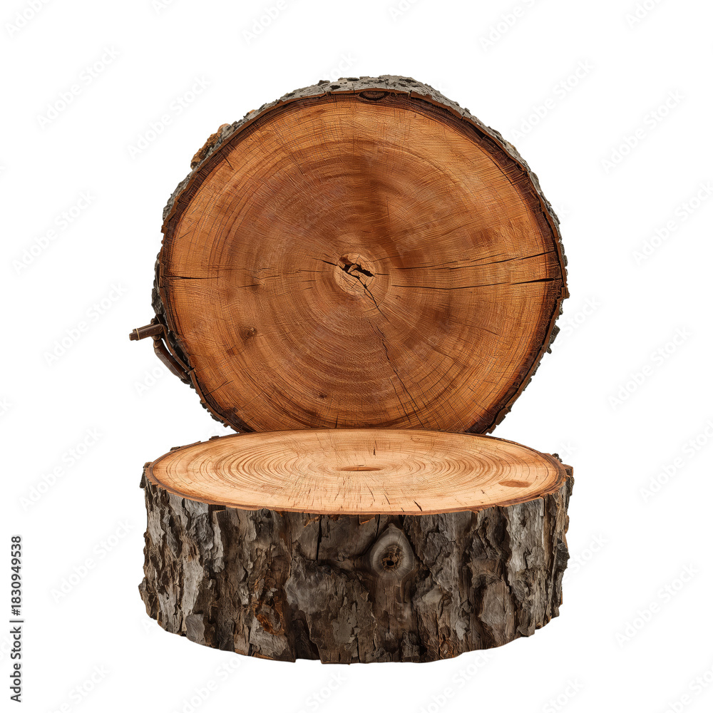 Fototapeta premium Beautiful Wooden Log Slices Showing Detailed Bark and Inner Grain Pattern in Natural Setting