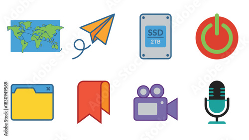 Flat Design Icon Set: Travel, Storage, Media, and Utilities