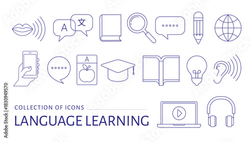 Language Learning icons collection. Online, school, educational elements and icons, linear minimalist style